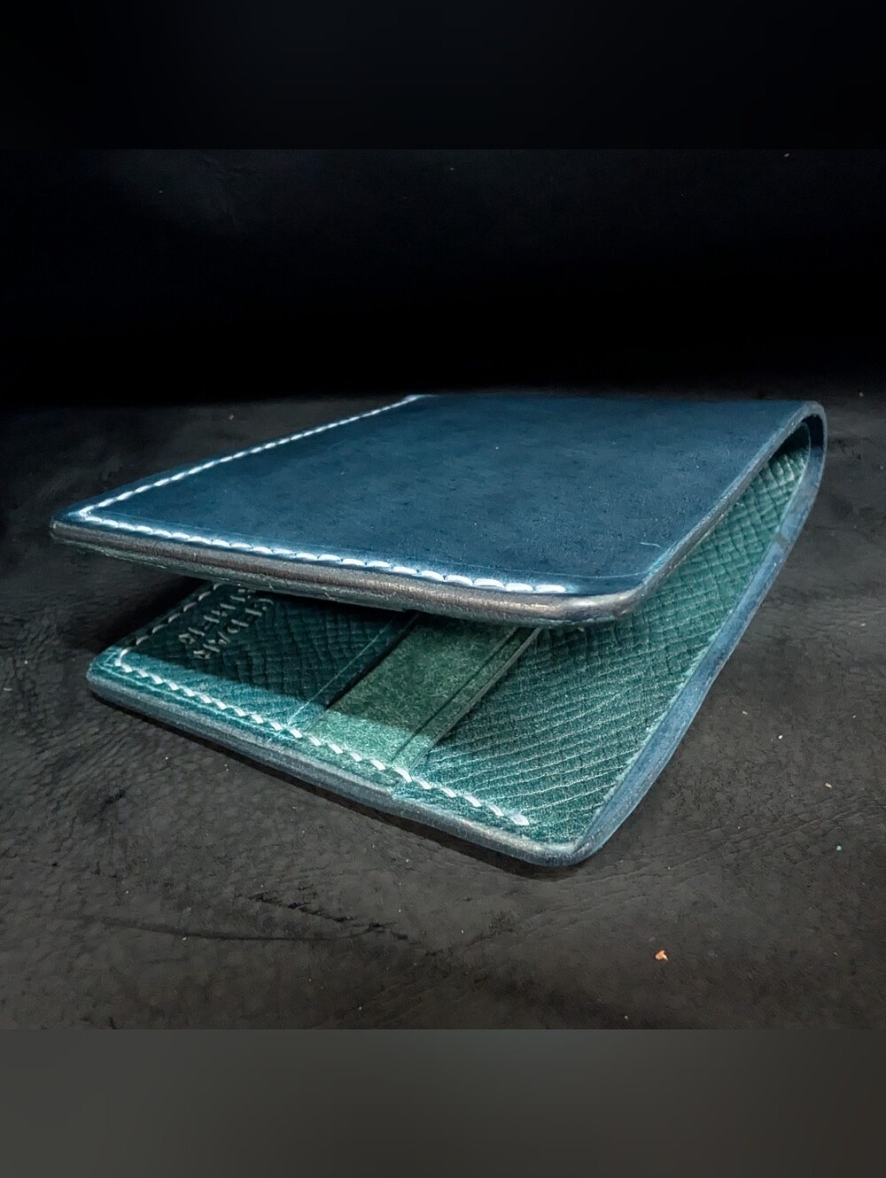 Handcrafted Rocado Shell Cordovan Bifold Wallet Color Petrol Red Cedar Leather